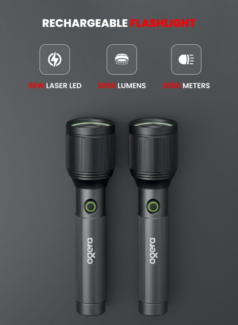 أوجيرا كشاف LED قابل لإعادة الشحن عبوتين | كشاف عالي القدرة 30 واط | سطوع 2000 لومن | مدى إضاءة 3000 متر | شحن USB Type-C | مقاوم للماء IPX5 | خاصية الزوم ووضع SOS للطوارئ | ضمان سنتين | OG1100SLC32 | أسود - Image 1